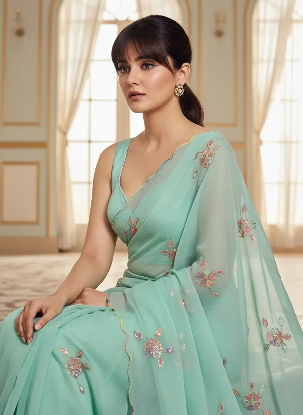 Green_Georgette_Embroidered_Sequin_Beads_Saree_For_Women_|_With_Blouse_Piece