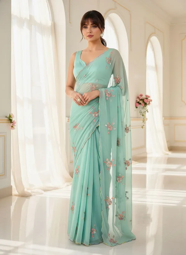 Green_Georgette_Embroidered_Sequin_Beads_Saree_For_Women_|_With_Blouse_Piece