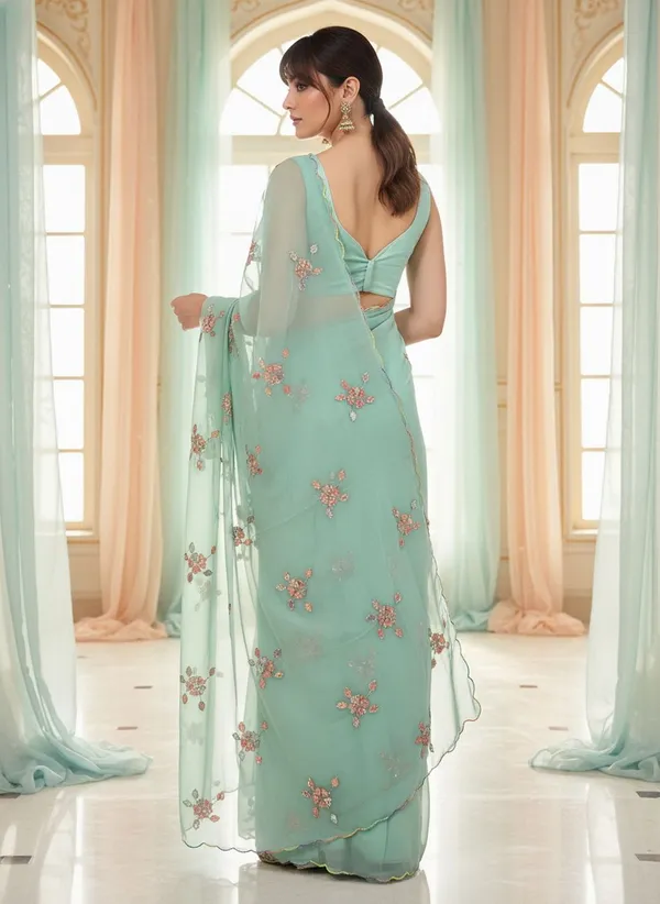Green_Georgette_Embroidered_Sequin_Beads_Saree_For_Women_|_With_Blouse_Piece