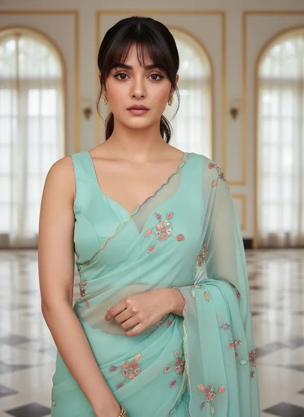 Green_Georgette_Embroidered_Sequin_Beads_Saree_For_Women_|_With_Blouse_Piece