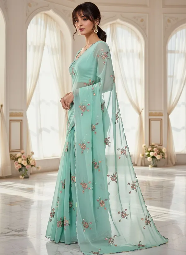 Green_Georgette_Embroidered_Sequin_Beads_Saree_For_Women_|_With_Blouse_Piece
