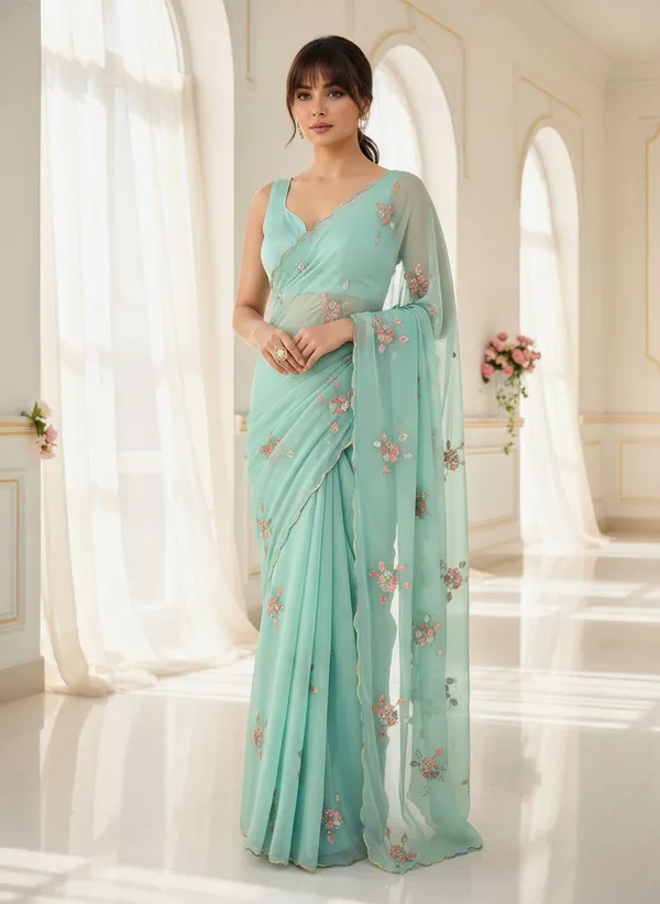 Green_Georgette_Embroidered_Sequin_Beads_Saree_For_Women_|_With_Blouse_Piece