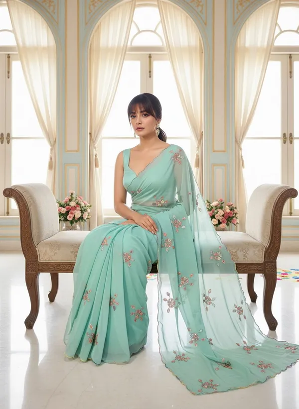 Green_Georgette_Embroidered_Sequin_Beads_Saree_For_Women_|_With_Blouse_Piece