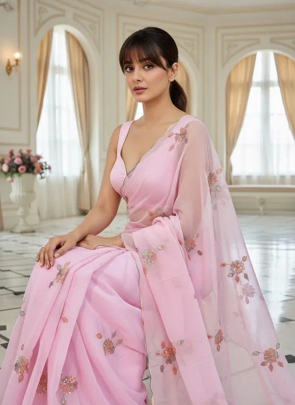 Pink_Georgette_Sequence_Beads_Embroidered_Floral_Saree_For_Women_|_With_Blouse_Piece