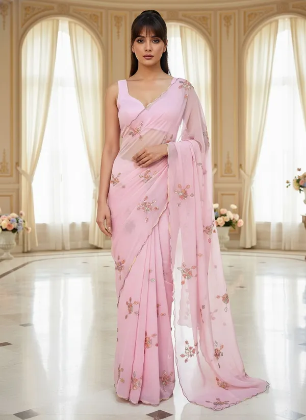 Pink_Georgette_Sequence_Beads_Embroidered_Floral_Saree_For_Women_|_With_Blouse_Piece