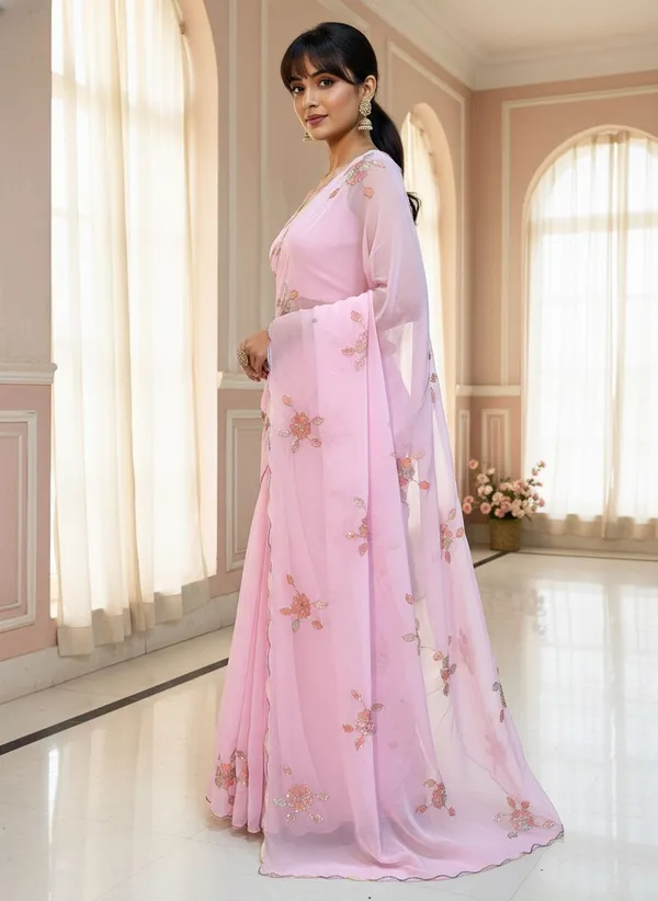Pink_Georgette_Sequence_Beads_Embroidered_Floral_Saree_For_Women_|_With_Blouse_Piece