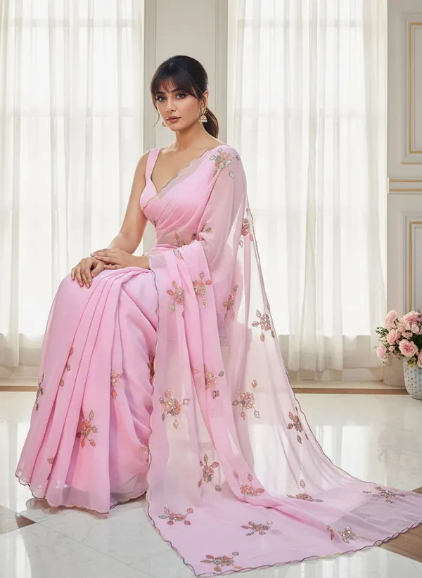 Pink_Georgette_Sequence_Beads_Embroidered_Floral_Saree_For_Women_|_With_Blouse_Piece