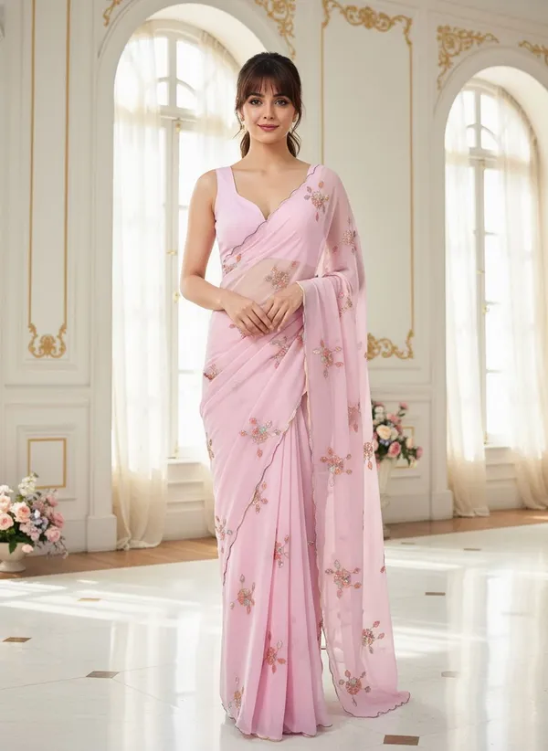 Pink_Georgette_Sequence_Beads_Embroidered_Floral_Saree_For_Women_|_With_Blouse_Piece