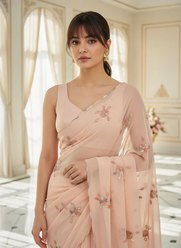 Peach_Georgette_Embellished_Sequin_Beads_Embroidered_Saree_For_Women_|_With_Blouse_Piece
