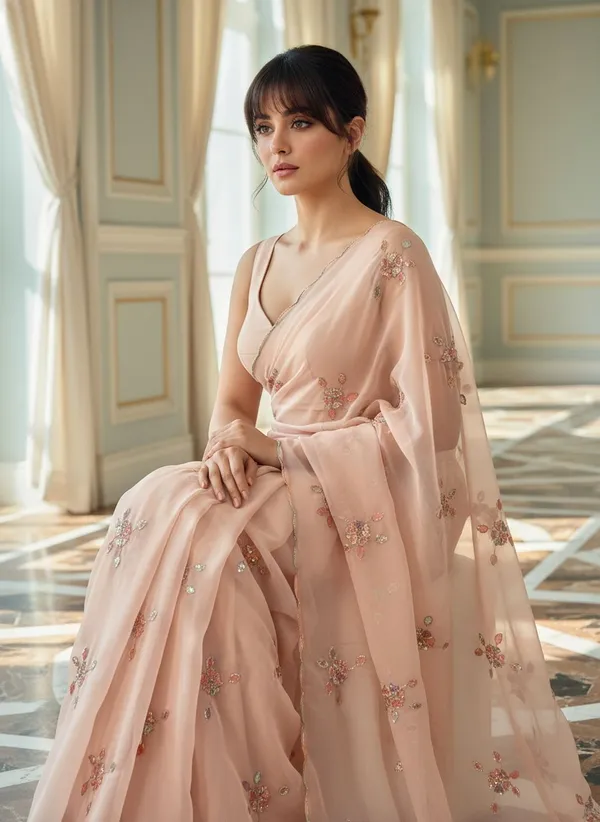 Peach_Georgette_Embellished_Sequin_Beads_Embroidered_Saree_For_Women_|_With_Blouse_Piece