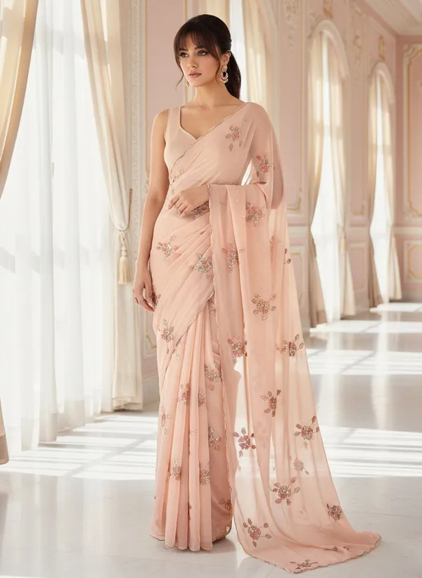 Peach_Georgette_Embellished_Sequin_Beads_Embroidered_Saree_For_Women_|_With_Blouse_Piece