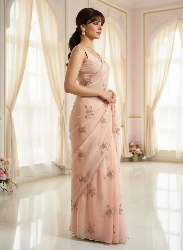 Peach_Georgette_Embellished_Sequin_Beads_Embroidered_Saree_For_Women_|_With_Blouse_Piece