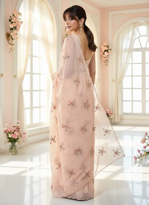 Peach_Georgette_Embellished_Sequin_Beads_Embroidered_Saree_For_Women_|_With_Blouse_Piece