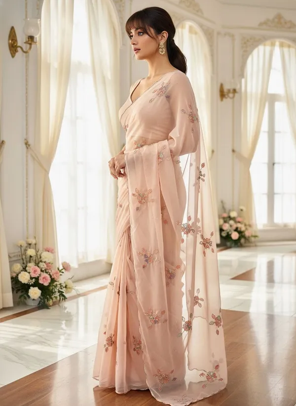 Peach_Georgette_Embellished_Sequin_Beads_Embroidered_Saree_For_Women_|_With_Blouse_Piece