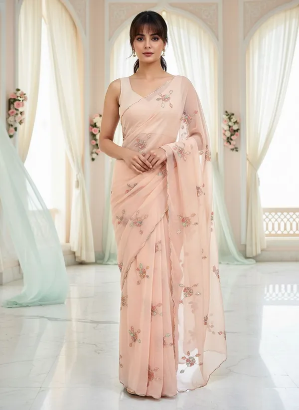 Peach_Georgette_Embellished_Sequin_Beads_Embroidered_Saree_For_Women_|_With_Blouse_Piece