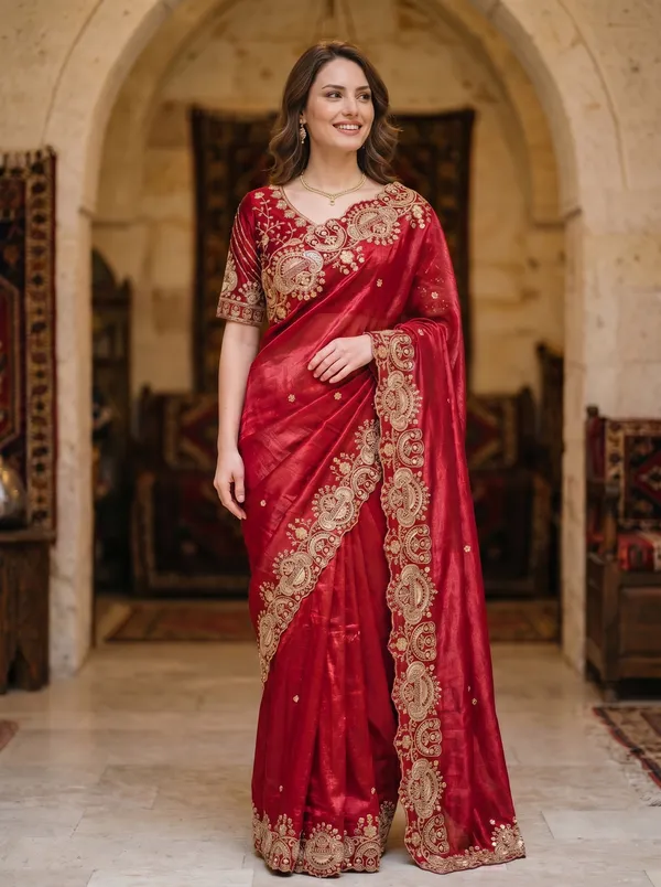 Maroon_Tissue_Satin_Saree_with_Gold_Sequence_&_Scalloped_Border