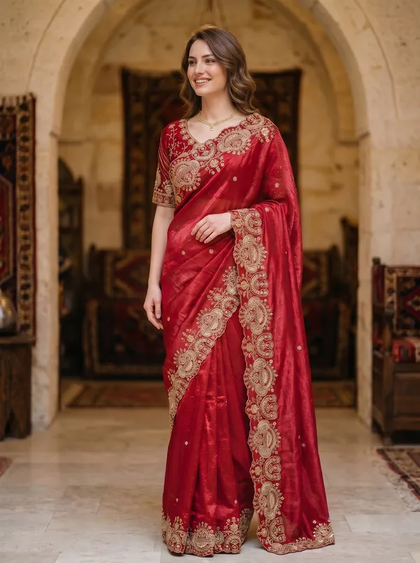 Maroon_Tissue_Satin_Saree_with_Gold_Sequence_&_Scalloped_Border