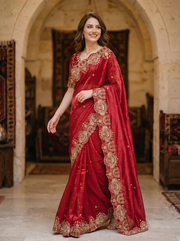 Maroon_Tissue_Satin_Saree_with_Gold_Sequence_&_Scalloped_Border