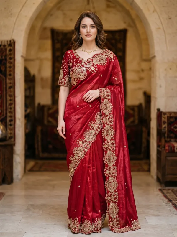 Maroon_Tissue_Satin_Saree_with_Gold_Sequence_&_Scalloped_Border