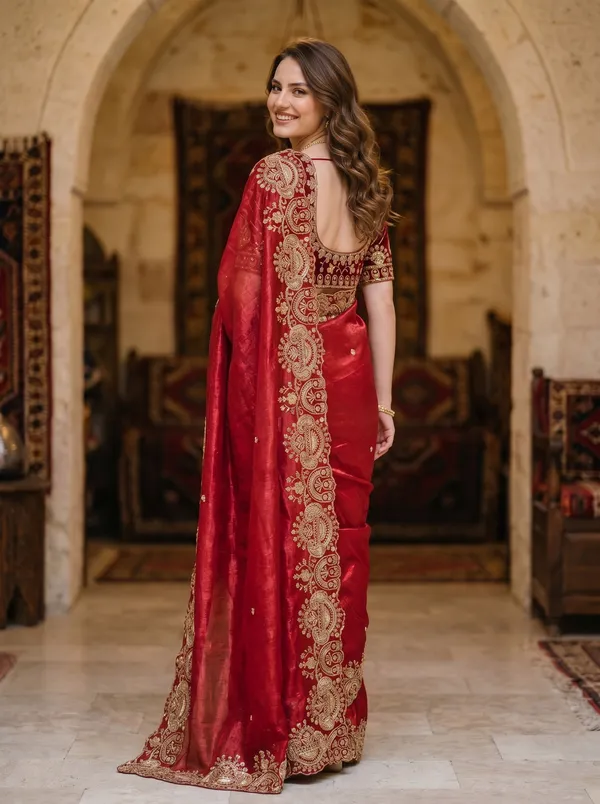 Maroon_Tissue_Satin_Saree_with_Gold_Sequence_&_Scalloped_Border