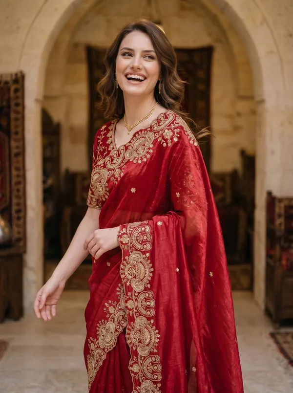 Maroon_Tissue_Satin_Saree_with_Gold_Sequence_&_Scalloped_Border