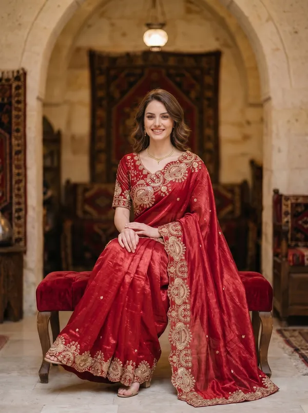 Maroon_Tissue_Satin_Saree_with_Gold_Sequence_&_Scalloped_Border