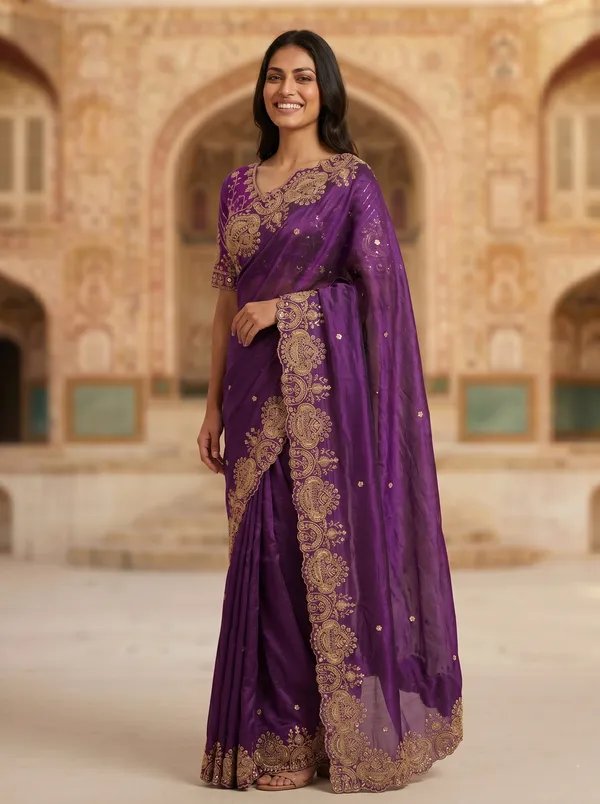 Purple_Tissue_Satin_Saree_with_Gold_Sequence_&_Scalloped_Border