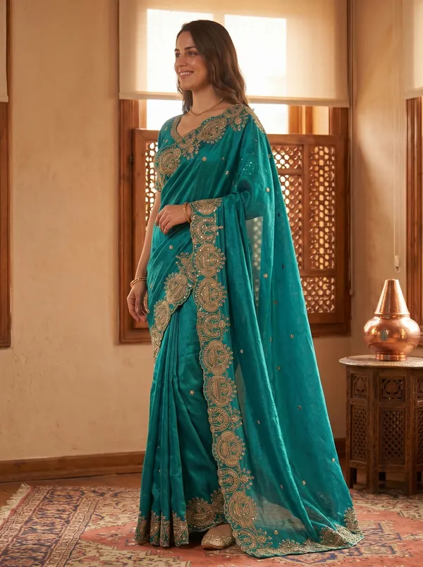 Teal_Tissue_Satin_Saree_with_Sequence_Embroidery_&_Scalloped_Border