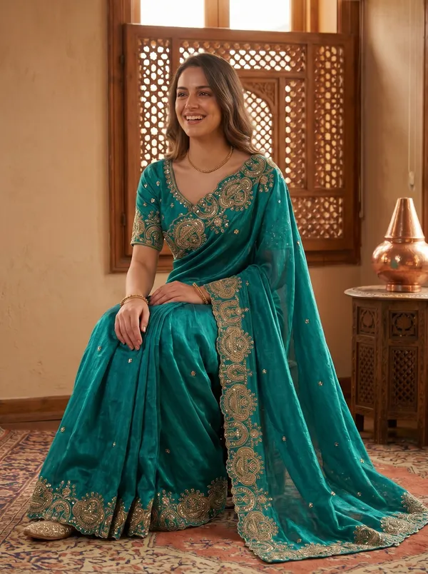 Teal_Tissue_Satin_Saree_with_Sequence_Embroidery_&_Scalloped_Border