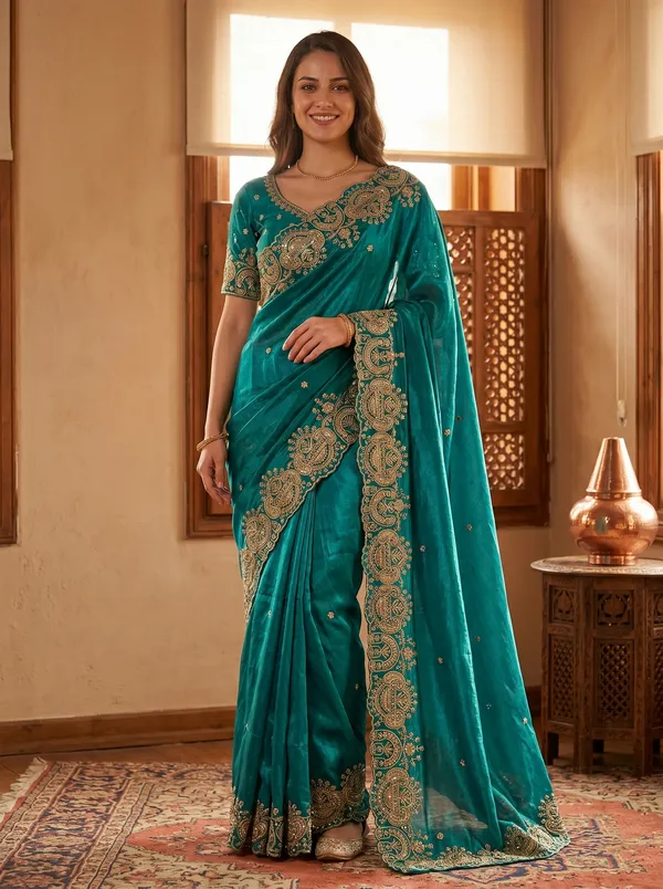 Teal_Tissue_Satin_Saree_with_Sequence_Embroidery_&_Scalloped_Border