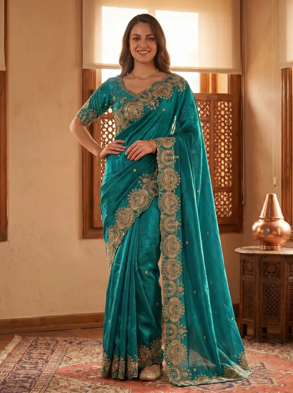 Teal_Tissue_Satin_Saree_with_Sequence_Embroidery_&_Scalloped_Border