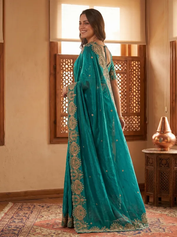 Teal_Tissue_Satin_Saree_with_Sequence_Embroidery_&_Scalloped_Border