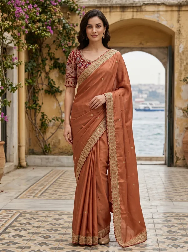 Copper_Georgette_Saree_with_Scalloped_Sequence_Embroidery_&_Heavy_Blouse