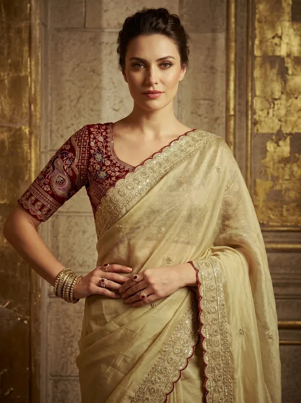 Cream_Georgette_Saree_with_Sequence_Embroidery_&_Scalloped_Border