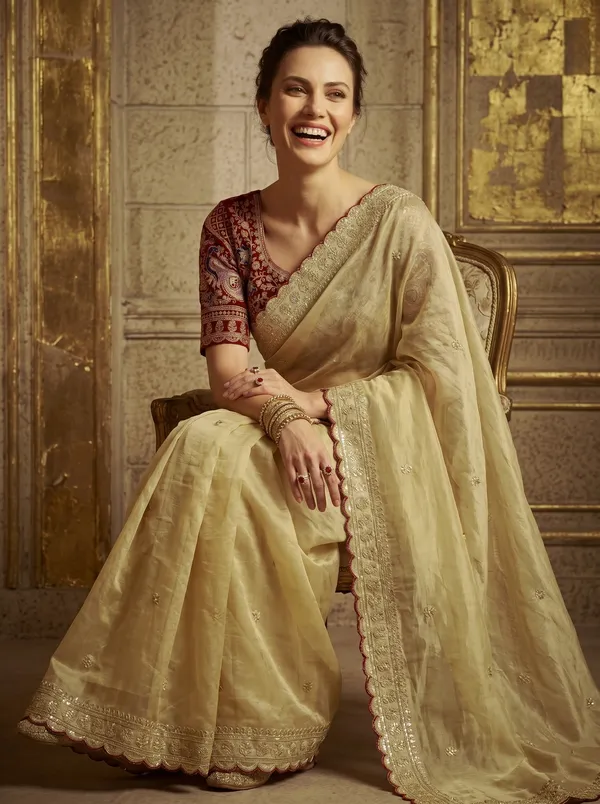 Cream_Georgette_Saree_with_Sequence_Embroidery_&_Scalloped_Border