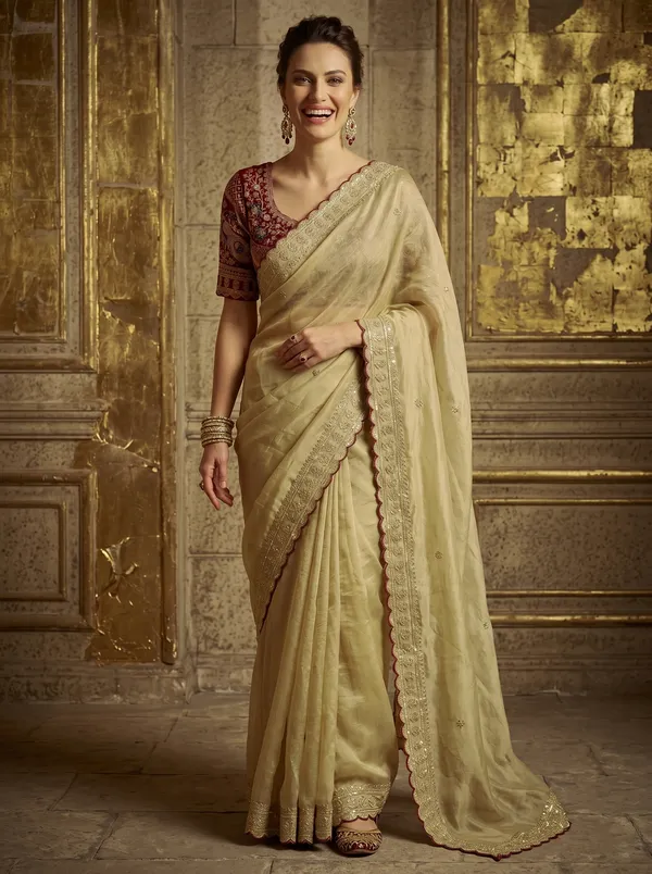 Cream_Georgette_Saree_with_Sequence_Embroidery_&_Scalloped_Border