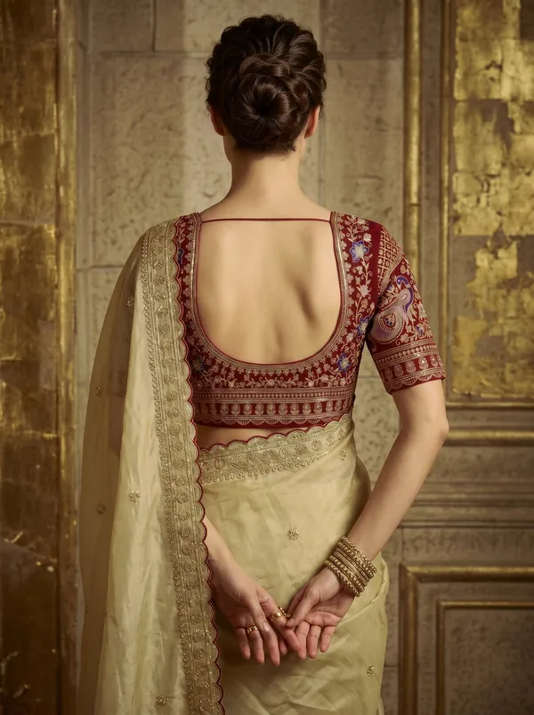 Cream_Georgette_Saree_with_Sequence_Embroidery_&_Scalloped_Border