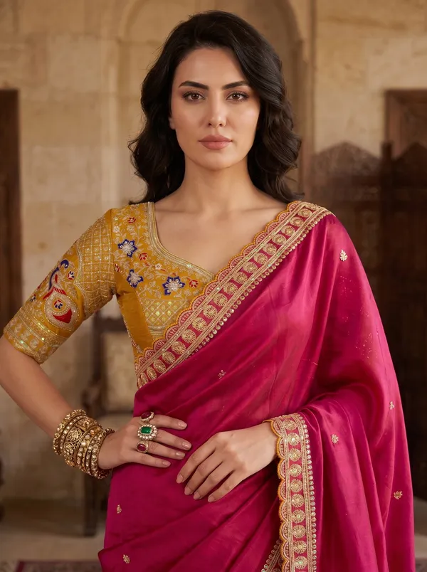 Fuchsia_Georgette_Saree_with_Scalloped_Sequence_Embroidery_Border