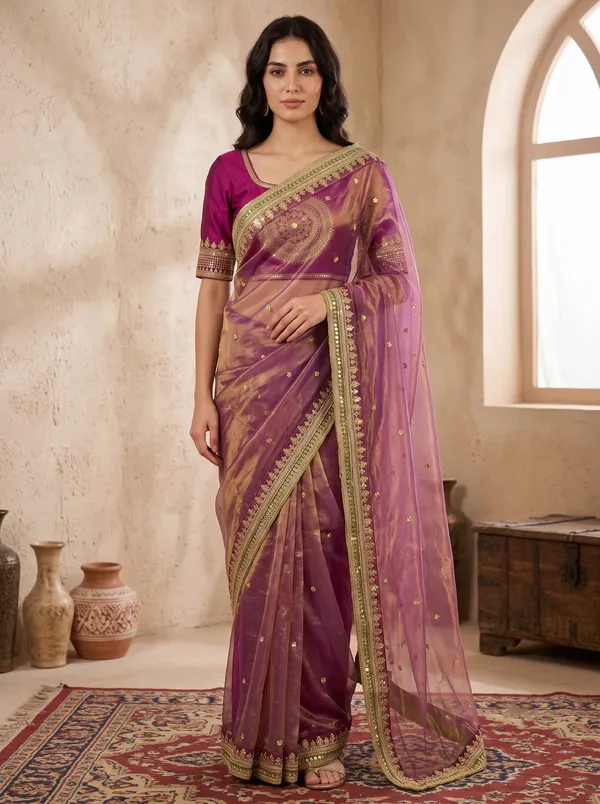 Heavy_Embroidered_Magenta_Net_Saree_with_Sequence_Work_&_Unstitched_Blouse