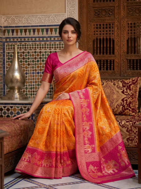 Orange_Pink_Banarasi_Silk_Saree_with_Zari_Jacquard_Weaving_&_Meenakari_Motifs