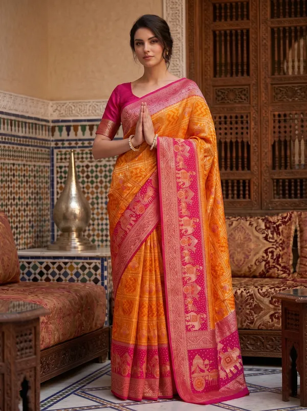 Orange_Pink_Banarasi_Silk_Saree_with_Zari_Jacquard_Weaving_&_Meenakari_Motifs