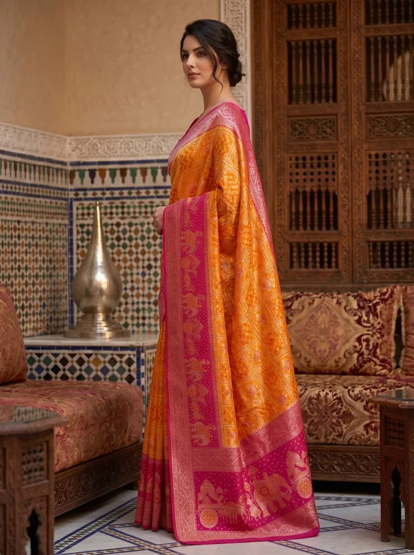 Orange_Pink_Banarasi_Silk_Saree_with_Zari_Jacquard_Weaving_&_Meenakari_Motifs