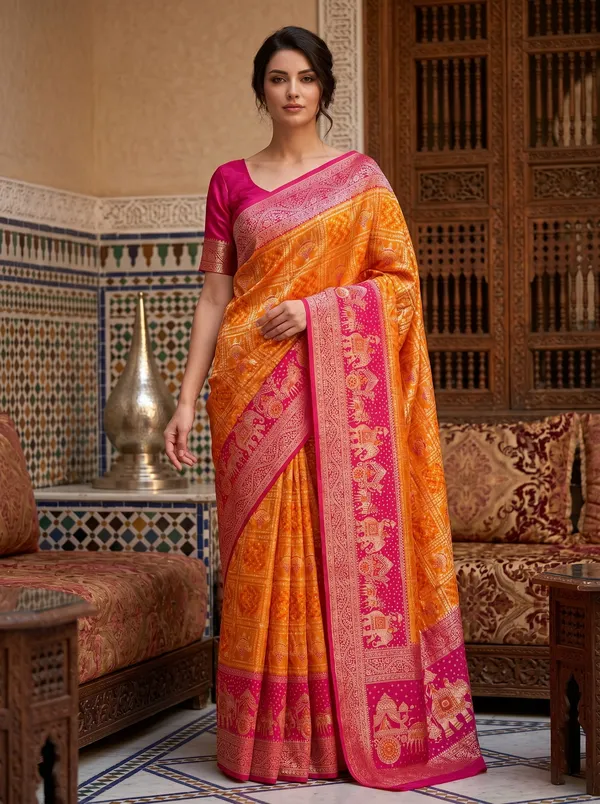 Orange_Pink_Banarasi_Silk_Saree_with_Zari_Jacquard_Weaving_&_Meenakari_Motifs