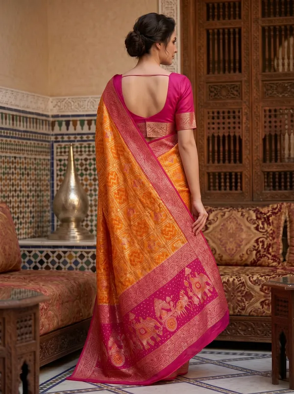 Orange_Pink_Banarasi_Silk_Saree_with_Zari_Jacquard_Weaving_&_Meenakari_Motifs