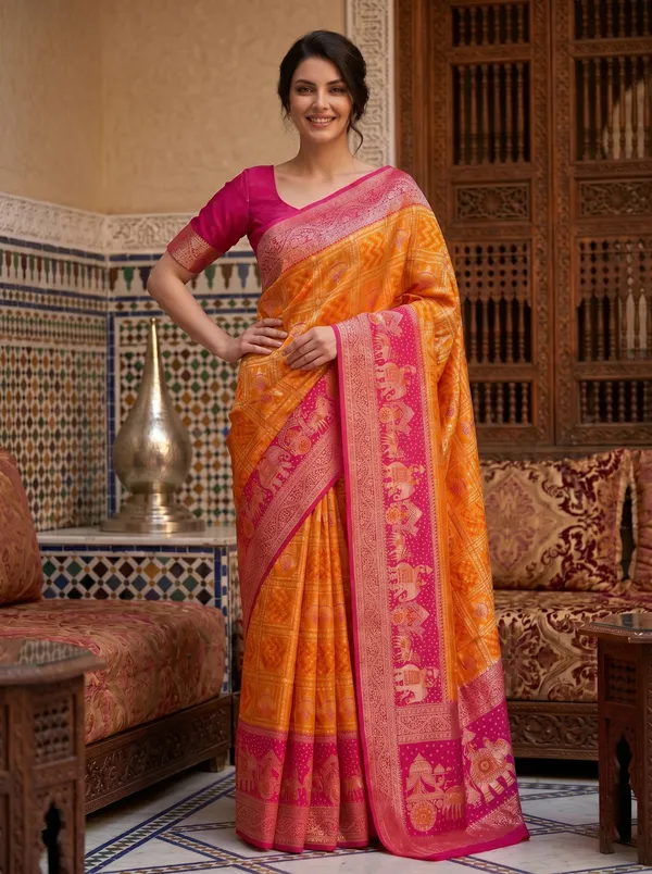 Orange_Pink_Banarasi_Silk_Saree_with_Zari_Jacquard_Weaving_&_Meenakari_Motifs
