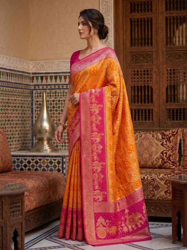 Orange_Pink_Banarasi_Silk_Saree_with_Zari_Jacquard_Weaving_&_Meenakari_Motifs
