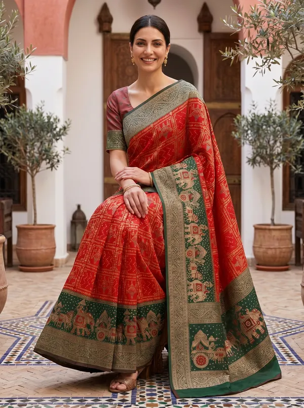 Red_Banarasi_Silk_Saree_with_Green_Meenakari_Elephant_Zari_Jacquard_Weaving