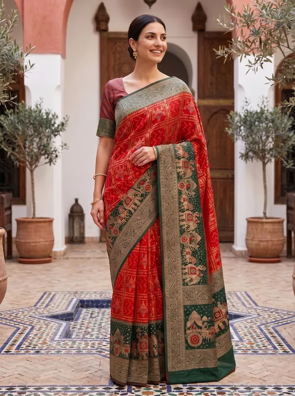 Red_Banarasi_Silk_Saree_with_Green_Meenakari_Elephant_Zari_Jacquard_Weaving