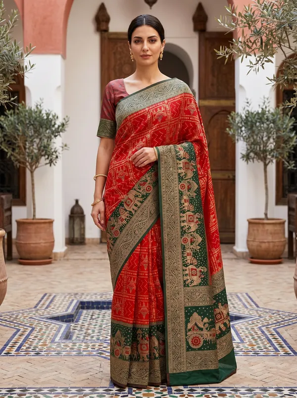 Red_Banarasi_Silk_Saree_with_Green_Meenakari_Elephant_Zari_Jacquard_Weaving