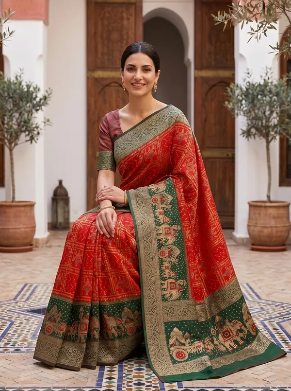 Red_Banarasi_Silk_Saree_with_Green_Meenakari_Elephant_Zari_Jacquard_Weaving